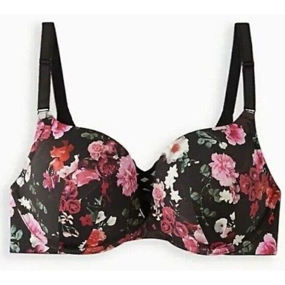 New Torrid Womans Sz 40DDD Push Up Plunge Bra Floral Underwire Black Pink NWT - Picture 2 of 11